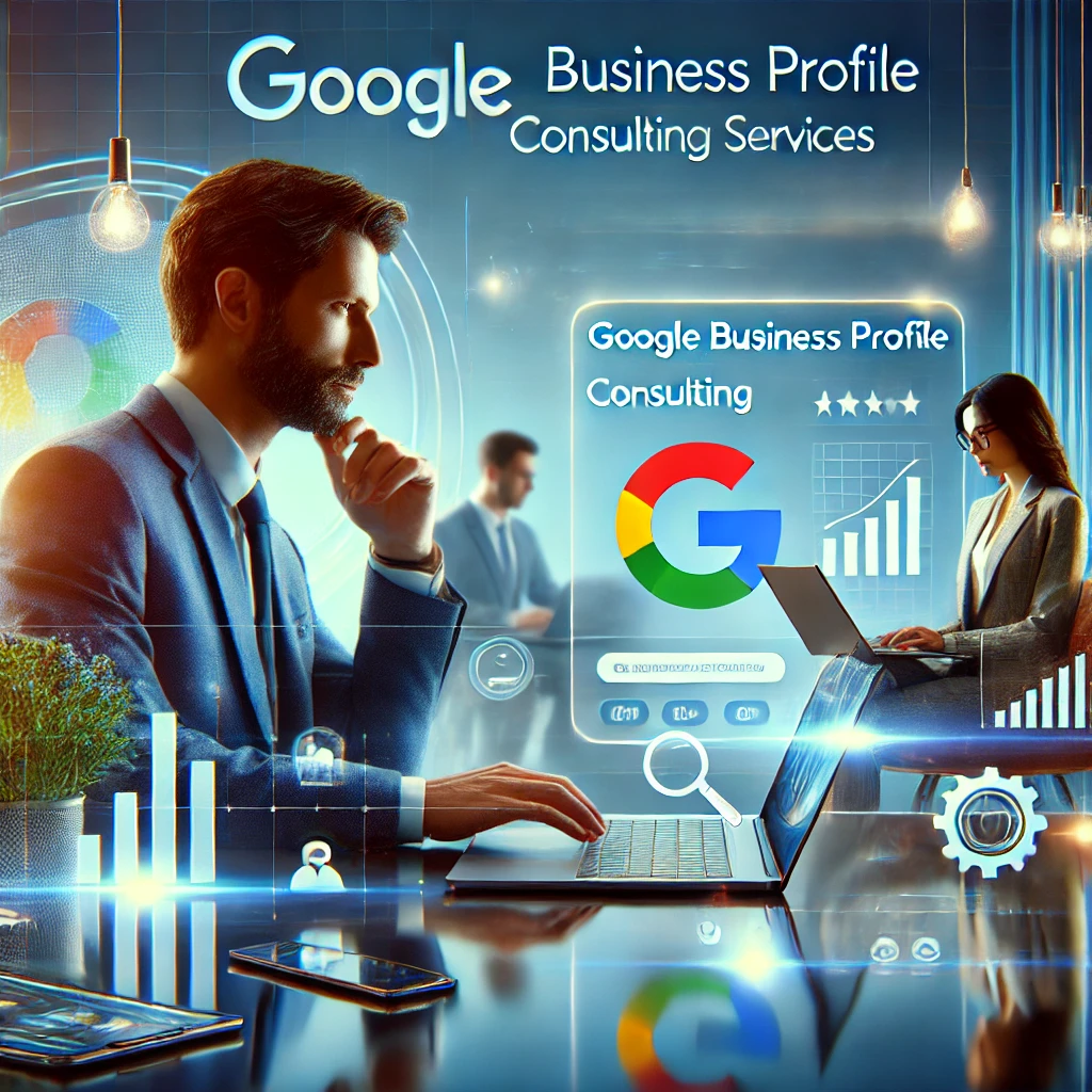 A person in front of a computer and the theme is Google Business Profile